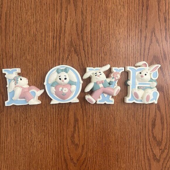 Vintage Burwood Wall Decor LOVE Bunny Rabbits Nursery Girl Boy Room Pink Blue - Picture 2 of 8